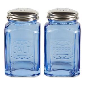 Retro Blue Glass Salt Pepper Shakers Square Stainless-Steel Lid Gift NEW